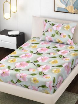 FABINALIV - Multi-Color Floral 300 Tc Cotton Blend 7D Single Bedsheet with Pillow Cover