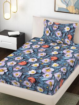 FABINALIV - Blue Floral 300 Tc Cotton Blend 7D Single Bedsheet with Pillow Cover
