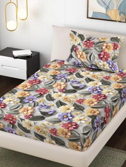 FABINALIV - Multi-Color Floral 300 Tc Cotton Blend 7D Single Bedsheet with Pillow Cover