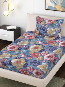 FABINALIV - Multi-Color Floral 300 Tc Cotton Blend 7D Single Bedsheet with Pillow Cover