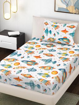 FABINALIV - Multi-Color Cartoon Print 300 Tc Cotton Blend Single Bedsheet with Pillow Cover