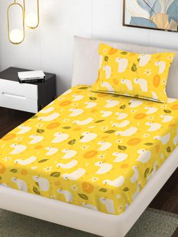 FABINALIV - Yellow Cartoon Print 300 Tc Cotton Blend Single Bedsheet with Pillow Cover