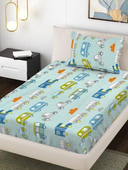 FABINALIV - Multi-Color Cartoon Print 300 Tc Cotton Blend Single Bedsheet with Pillow Cover