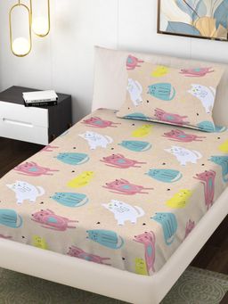 FABINALIV - Multi-Color Cartoon Print 300 Tc Cotton Blend Single Bedsheet with Pillow Cover