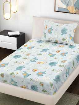 FABINALIV - Multi-Color Cartoon Print 300 Tc Cotton Blend Single Bedsheet with Pillow Cover