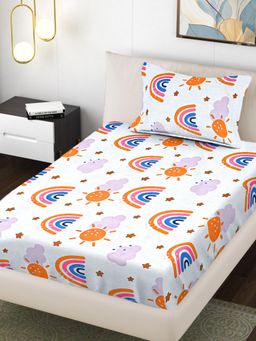FABINALIV - Multi-Color Cartoon Print 300 Tc Cotton Blend Single Bedsheet with Pillow Cover