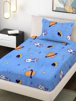 FABINALIV - Blue Cartoon Print 300 Tc Cotton Blend Single Bedsheet with Pillow Cover