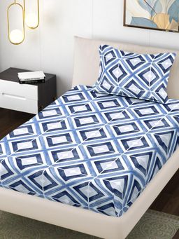 FABINALIV - Blue Geometric 300 Tc Cotton Blend Single Bedsheet with Pillow Cover
