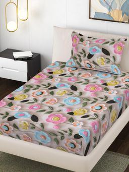 FABINALIV - Multi-Color Floral 300 Tc Cotton Blend 7D Single Bedsheet with Pillow Cover