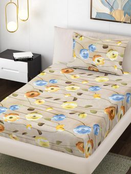 FABINALIV - Multi-Color Floral 300 Tc Cotton Blend 7D Single Bedsheet with Pillow Cover