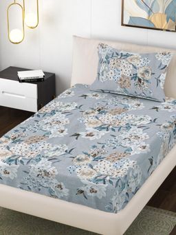 FABINALIV - Grey Floral 300 Tc Cotton Blend Single Bedsheet with Pillow Cover