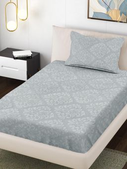 FABINALIV - Silver Ethnic 300 Tc Cotton Blend Embossed Single Bedsheet with Pillow Cover