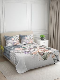 Signature - Grey Floral Digital Print Super Soft King Size Bedsheet with 2 Pillow Covers