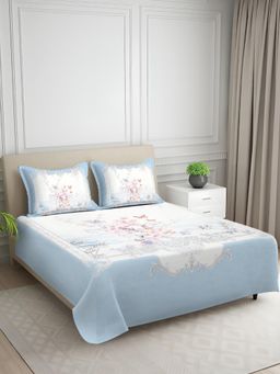 Signature - Blue Floral Digital Print Super Soft King Size Bedsheet with 2 Pillow Covers