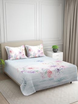 Signature - Blue Floral Digital Print Super Soft King Size Bedsheet with 2 Pillow Covers