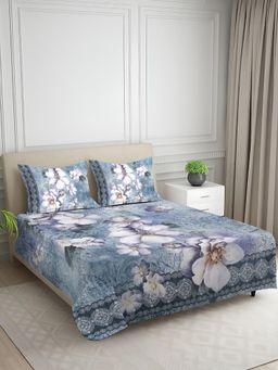 Signature - Blue Floral Digital Print Super Soft King Size Bedsheet with 2 Pillow Covers