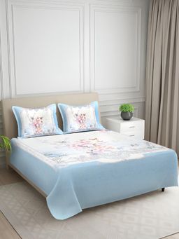 Signature - Blue Floral Digital Print Super Soft King Size Bedsheet with 2 Pillow Covers
