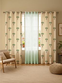 Urban Space - Lagoon Green & Mint Green Pom Pom Cotton & Sheer Curtains (Pack of 3)