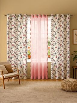 Urban Space - Passion & Salmon Pink Pom Pom Cotton & Sheer Curtains (Pack of 3)