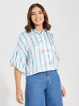Styli Elevate - Women White Striped Collared Puff Sleeve Boxy Shirt