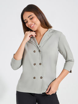 Styli Elevate - Women Sage Green Solid Regular Fit Shirt with Rolled Up Sleeves