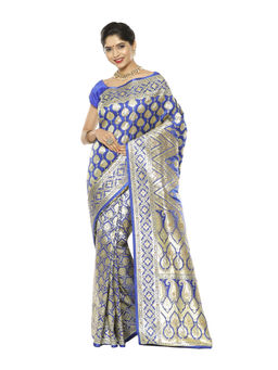 Banarasi Silk Works - Blue Mughal Motif Heavy Satin Saree with Unstitched Blouse