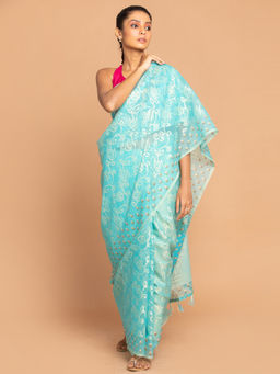 Indethnic - Banarasi Blue Woven Design Daily Wear Saree With Unstitched Blouse