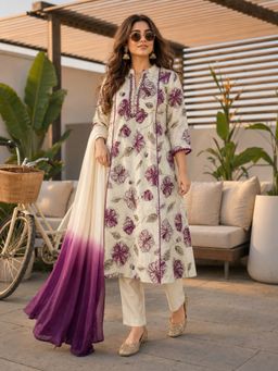 BERRYLICIOUS - Women Beige Floral Printed A-Line Kurta Pant with Dupatta