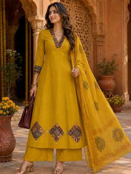 BERRYLICIOUS - Women Mustard Printed A-Line Kurta Palazzo and Dupatta