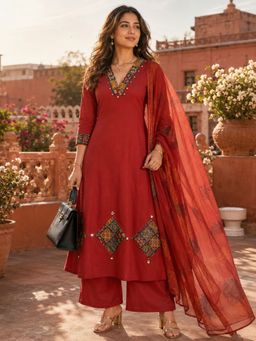 BERRYLICIOUS - Women Rust Printed A-Line Kurta Palazzo and Dupatta