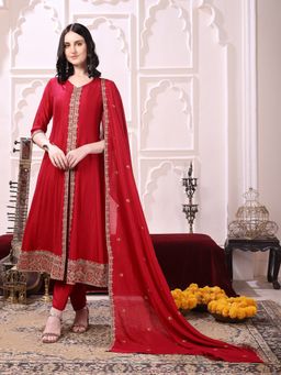 BERRYLICIOUS - Women Pink Embroidered Front Slit Anarkali Kurta Pant and Dupatta