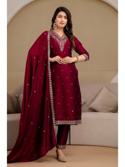 BERRYLICIOUS - Women Wine Embroidered Kurta Pant and Dupatta