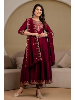 BERRYLICIOUS - Women Wine Zari Embroidered Anarkali Kurta Pant and Dupatta