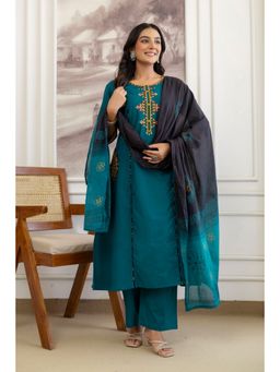 BERRYLICIOUS - Women Teal Embroidered A-Line Kurta Palazzo and Dupatta