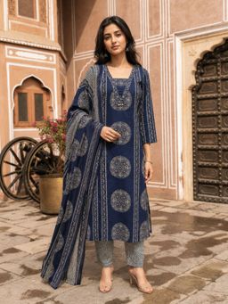 KAFTANIZE - Navy Blue Printed Kurta Pant with Dupatta