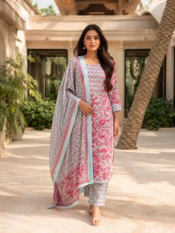KAFTANIZE - Blue Floral Printed Kurta Pant with Dupatta
