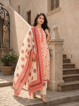 KAFTANIZE - Beige Floral Printed Kurta Pant with Dupatta
