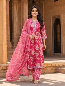 KAFTANIZE - Pink Floral Printed Kurta Pant with Dupatta