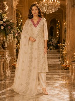 BERRYLICIOUS - Women Beige Sequinned Embroidered Kurta Pant and Dupatta