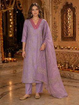 BERRYLICIOUS - Women Lavender Sequinned Embroidered Kurta Pant and Dupatta