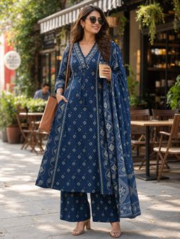BERRYLICIOUS - Women Navy Blue Printed A-Line Kurta Palazzo and Dupatta