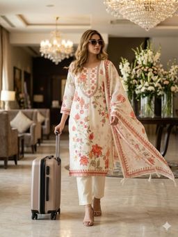 BERRYLICIOUS - Women Cream Printed Embroidered Kurta Pant and Dupatta