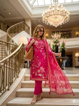 BERRYLICIOUS - Women Pink Printed Embroidered Kurta Pant and Dupatta