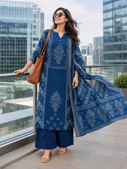 BERRYLICIOUS - Women Blue Bandhani Printed Kurta Palazzo and Dupatta