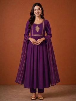 THE52 - Women'S Purple Embroidery Work Flared Kurta Pant and Dupatta