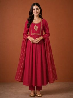 THE52 - Women'S Red Embroidery Work Flared Kurta Pant and Dupatta