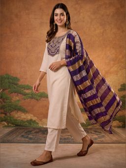 THE52 - Women'S Beige Embroidery Work Straight Kurta Pant and Dupatta