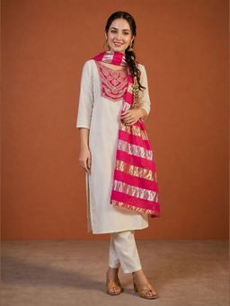 THE52 - Women'S Beige Embroidery Work Straight Kurta Pant and Dupatta