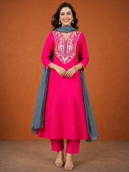 THE52 - Women'S Embroidery Work Flared Anarkali Pant and Dupatta