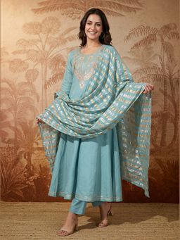 THE52 - Women'S Embroidery Work Flared Anarkali Pant and Dupatta